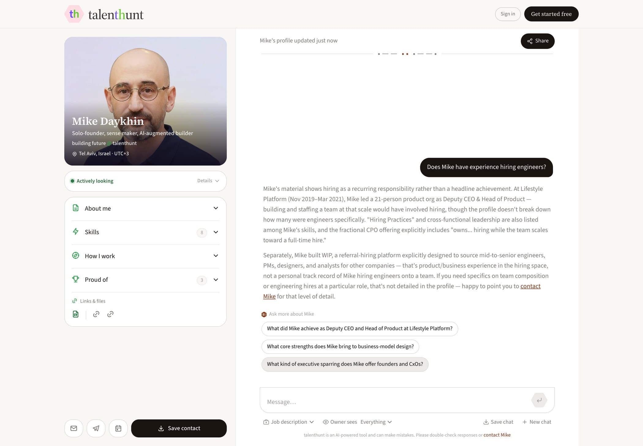 A talenthunt profile: the card on the left, a chat answer on the right