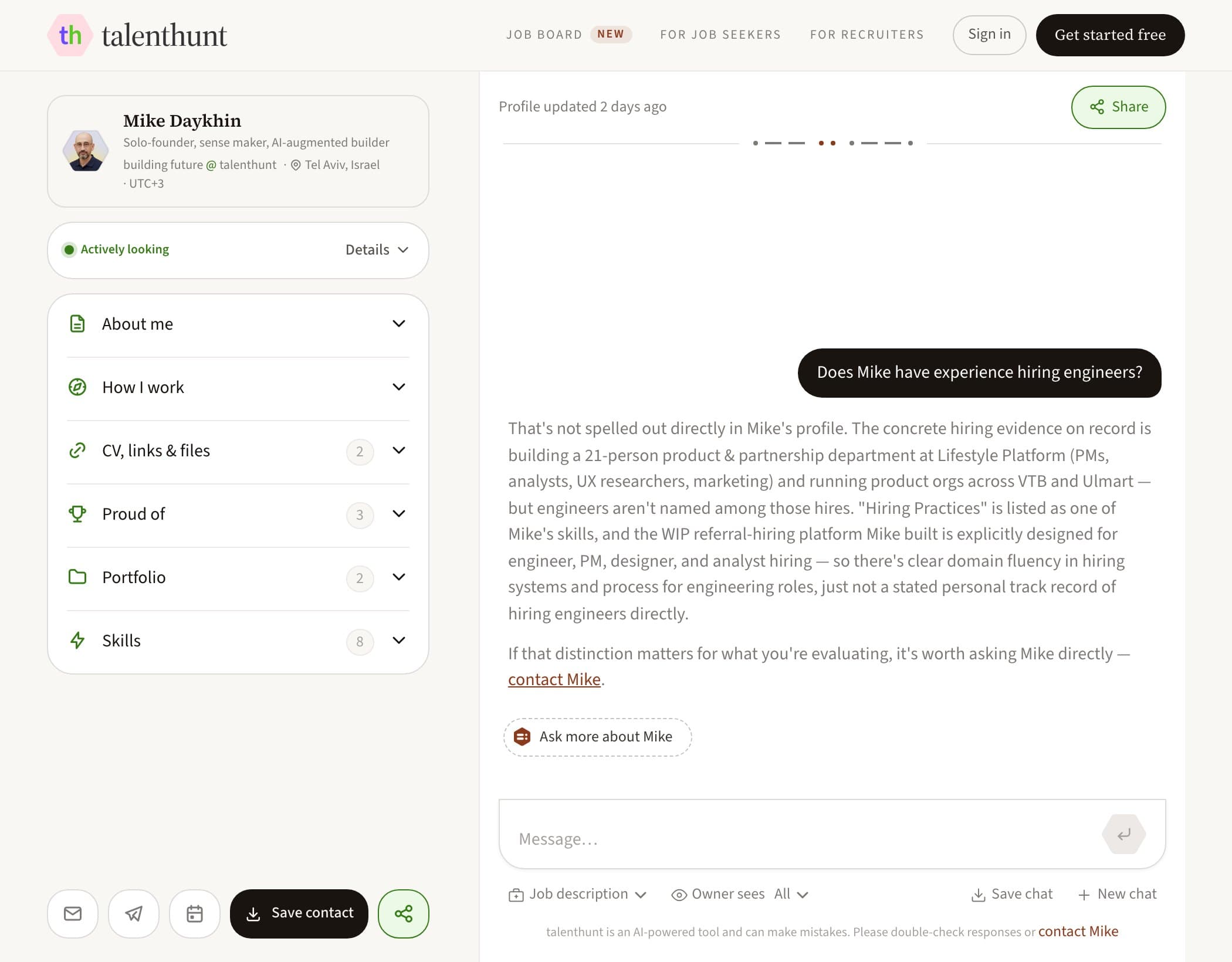 A talenthunt profile: the card on the left, a chat answer on the right